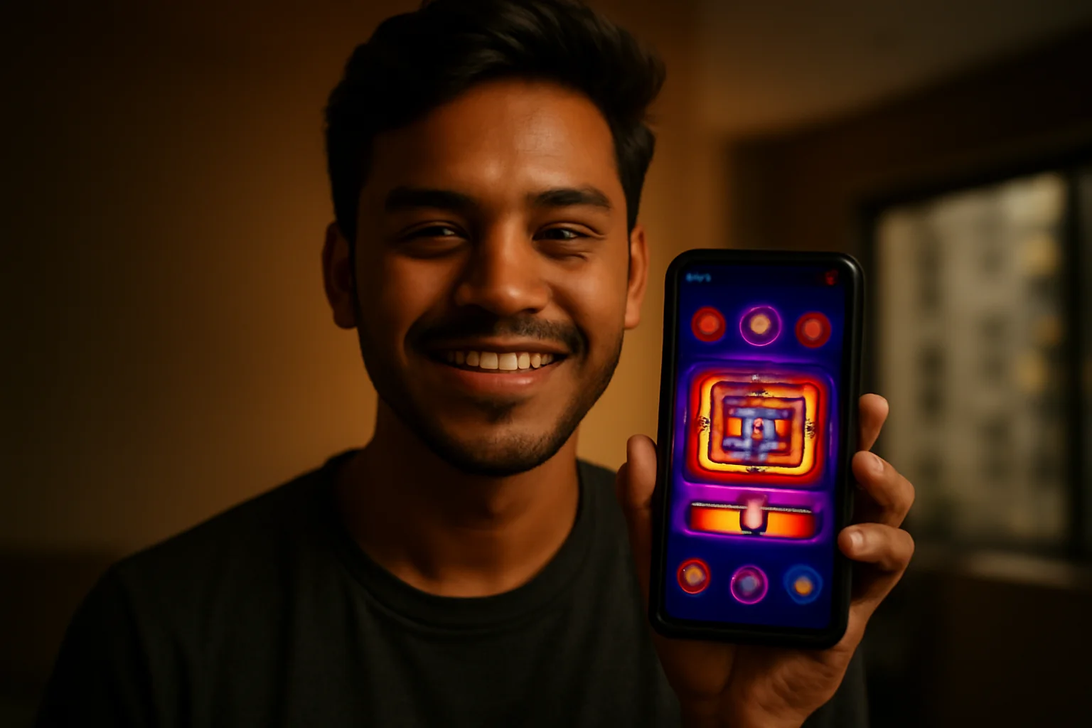 Young Bangladeshi man smiling holding smartphone showing colorful glowing mobile casino app interface in modern apartment