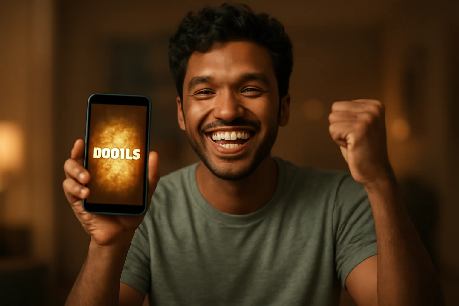 Happy young Bangladeshi man celebrating with smartphone showing glowing golden bonus notification