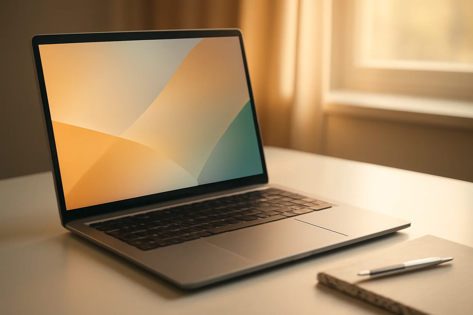Hyperrealistic laptop on white desk with glowing abstract screen, pen, and notepad in natural daylight