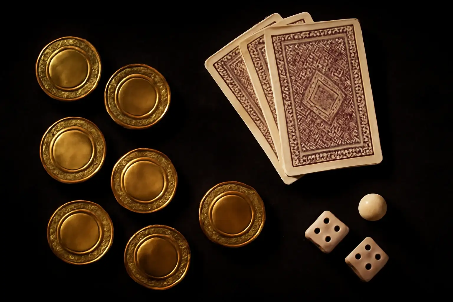 Top-down view of golden casino chips, playing cards, dice, and roulette ball on dark velvet surface with dramatic lighting