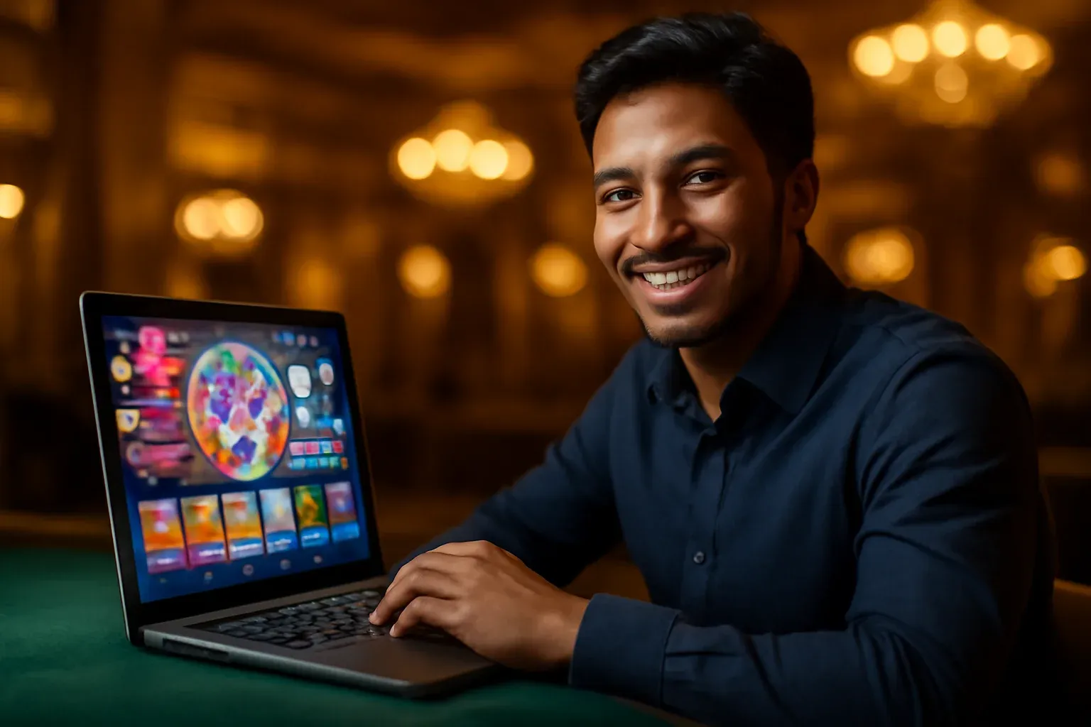Hyperrealistic portrait of a cheerful young Bangladeshi man in navy shirt smiling confidently at laptop in premium casino lounge with glowing colorful casino interface
