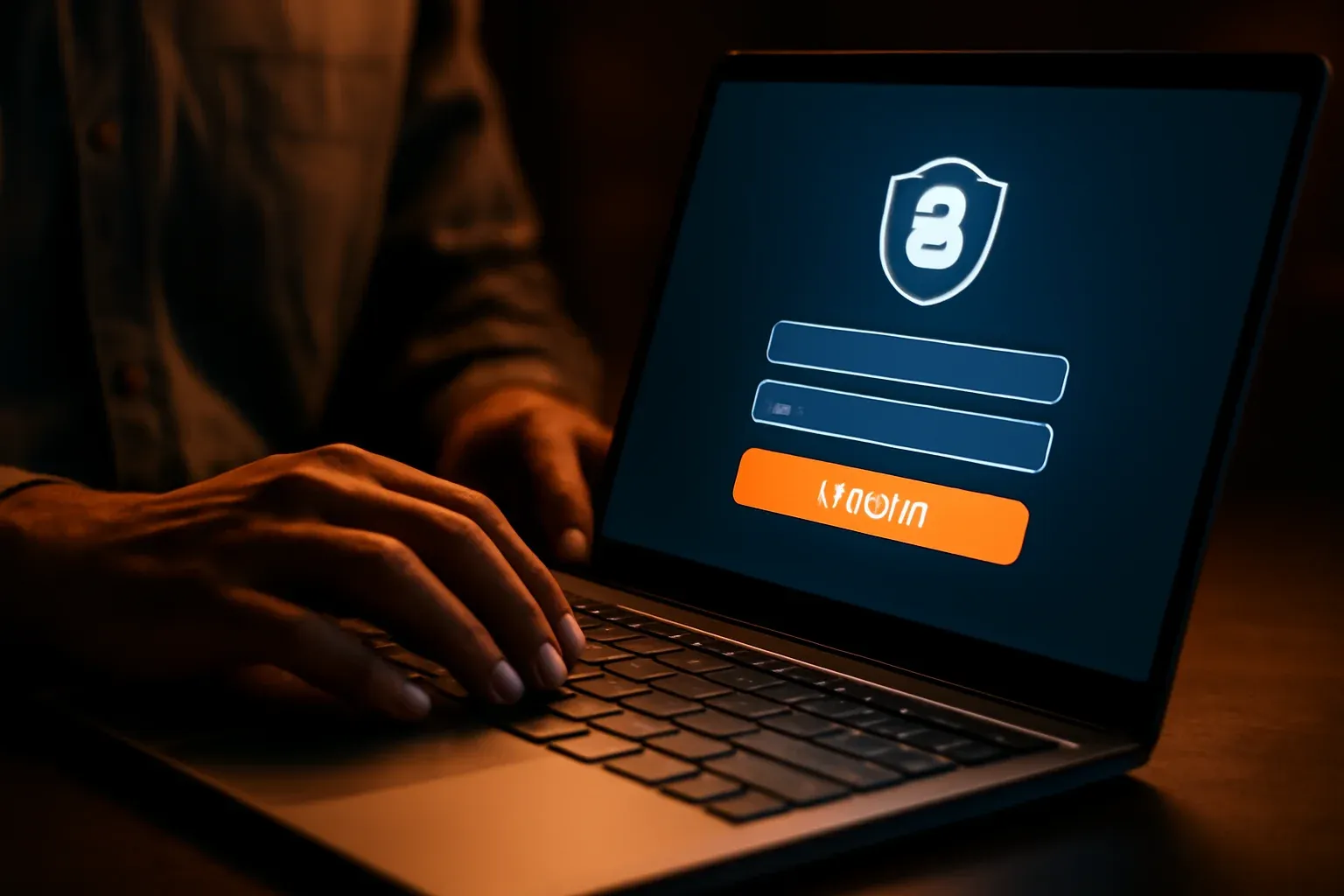 Close-up of Bangladeshi man's hands on laptop with glowing login form