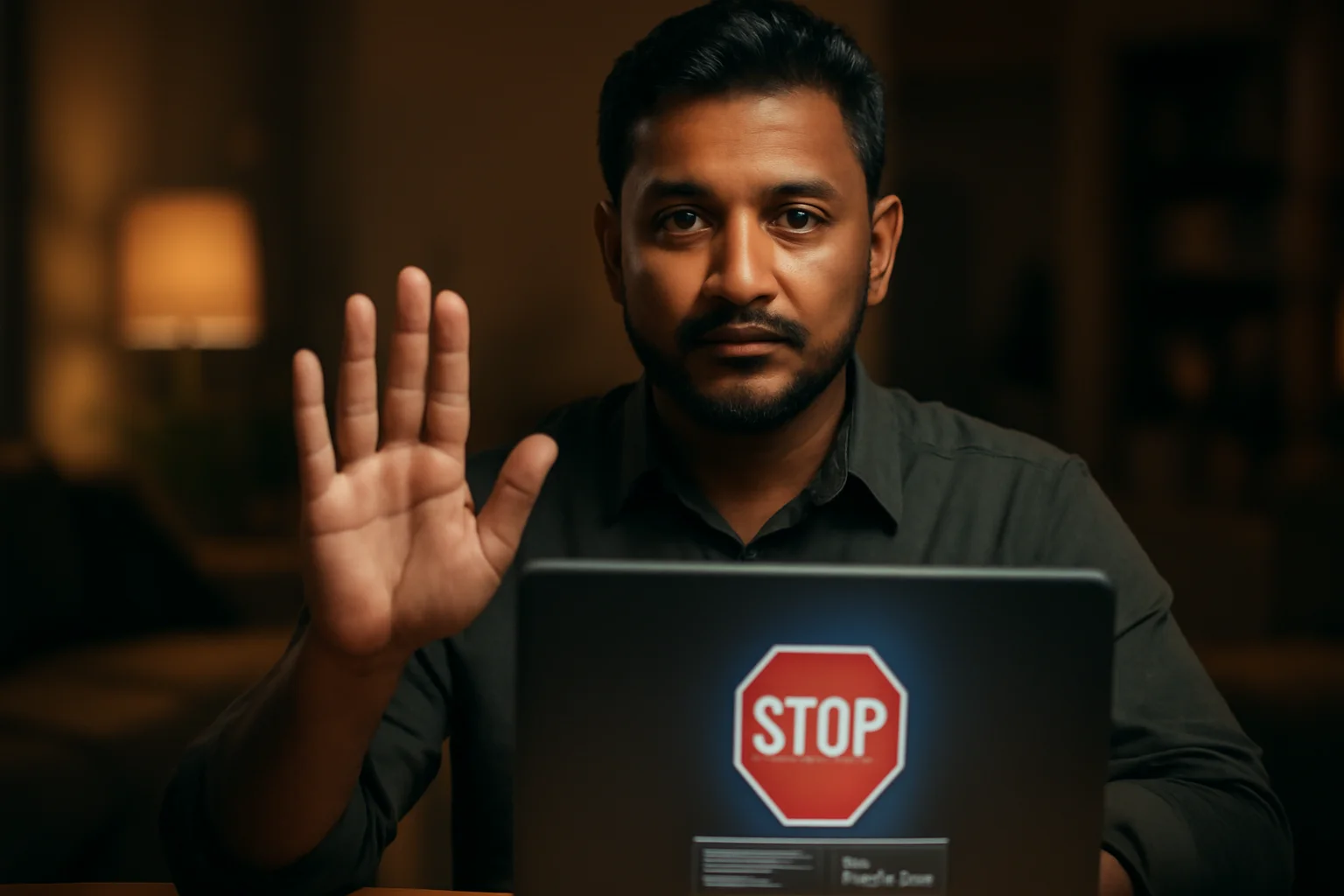Confident Bangladeshi man showing stop gesture with glowing laptop displaying stop shield icon