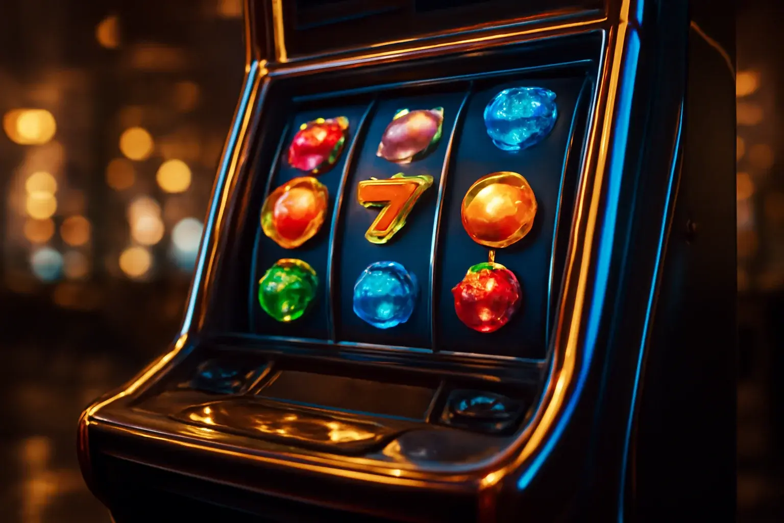 Ultra-detailed premium slot machine with glowing reels and neon-blue gold lighting in luxury casino